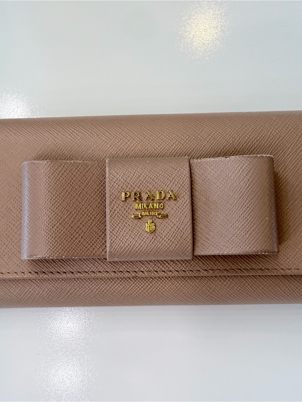Prada Saffiano Bow Continental Wallet in Taupe/Blush